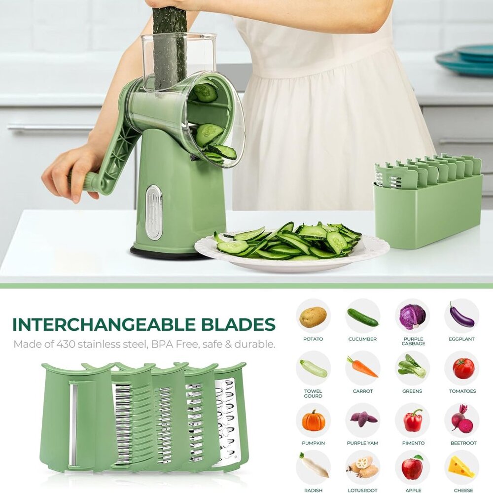 Rotary Cheese Grater w/Handle &5 Blades, Round Slicer & Vegetable Grater Green - Picture 3 of 8